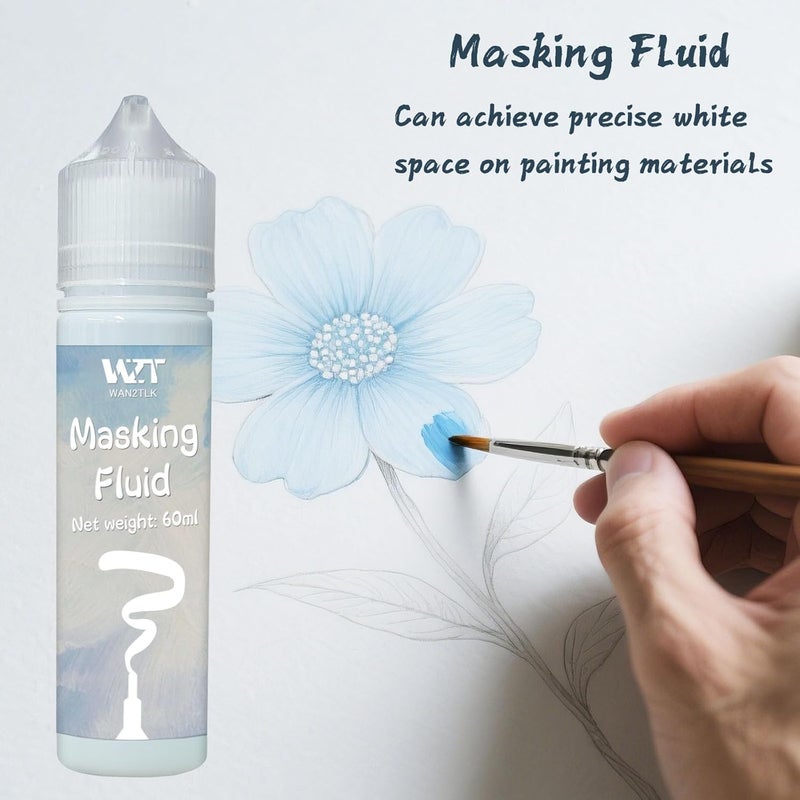 WAN2TLK Masking Fluid for Watercolor Painting 60ml Blue with a Paintbrush and Eraser - Art Masking Fluid Pen Watercolor Medium Art Supplies for Artists - Image 2